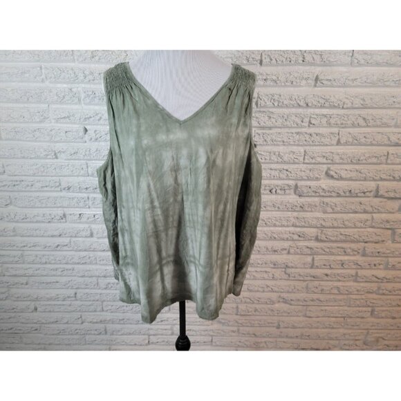Time Tru Women Top XXXL 22 Plus Tank Green Tie Dye  Smocked Shoulder TIE34E - Picture 1 of 8